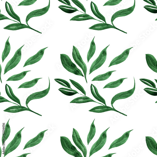 Watercolor seamless pattern with green leaves