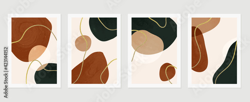 Abstract wall arts vector background collection. Earth tones Hand drawn organic shape gold line art design for wall framed prints, canvas prints, poster, cover, wallpaper.