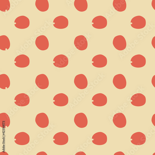 Seamless pattern with red berries on beige background. Perfect for printing on fabric or paper. Rose-hips or rose-bush berries. Floral wallpaper.....