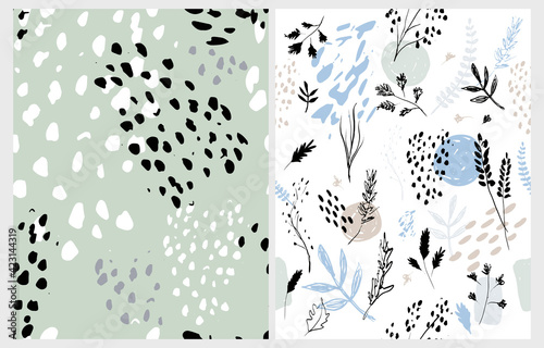 Hand Drawn Irregular Floral Vector Patterns with White Sketched Twigs and Flowers Isolated on a White and Mint Green Background. Abstract Garden Repeatable Design. Wild Animal Skin Print. 