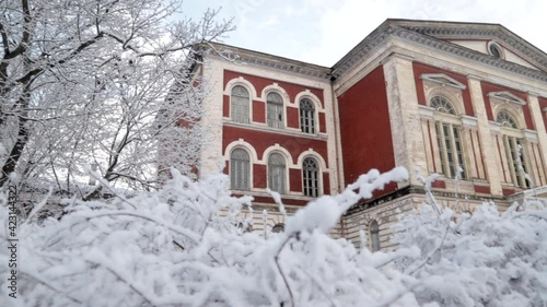 Historic red brick building winter Liepaja, Latvia, Europe