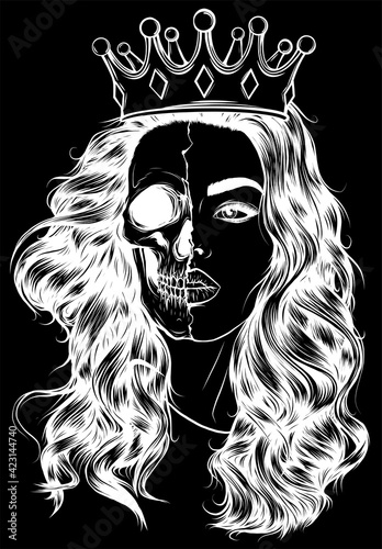 white silhouette of Skull girl with a crown. on black background