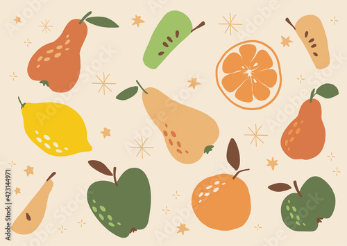 Fototapeta Naklejka Na Ścianę i Meble -  Abstract fruits collection. Composition of apples, pears, lemon and grapefruit. Healthy food for vegan in modern style, colorful fruit vector set. Summer vitamins