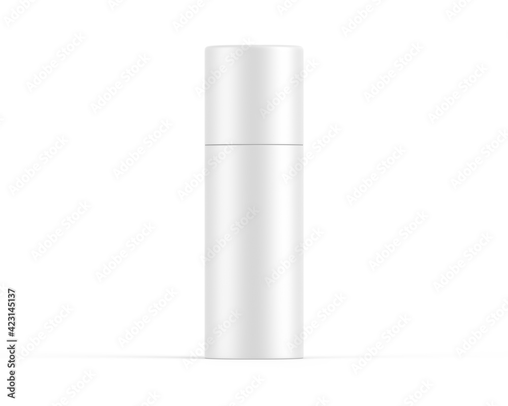 White paper tube push up tin can mockup template on isolated white background, ready for design presentation, 3d illustration White paper tube push up tin can mockup template on isolated white background, ready for design presentation, 3d illustration