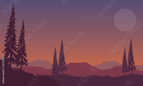 The beautiful panoramic view of the night sky with extraordinary natural scenery. Vector illustration