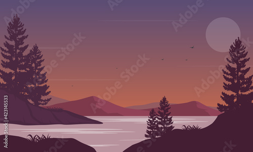 Beautiful Mountain View at night from the riverbank with the silhouette of cypress trees around it. Vector illustration