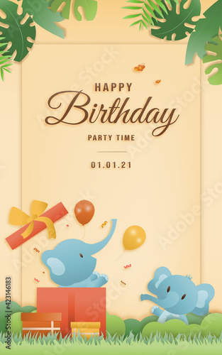 Cartoon happy birthday two elephant card with gift box. Greeting cards with cute safari or jungle animals party in the tropical forest. Template invitation paper art style vector illustration.	