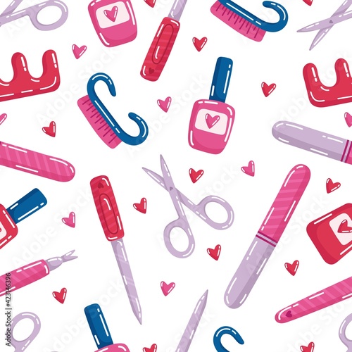 Seamless pattern of manicure tools. Pedicure equipment. Vector iilustration.