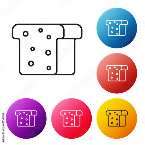 Black line Bread toast for sandwich piece of roasted crouton icon isolated on white background. Lunch, dinner, breakfast snack. Set icons colorful circle buttons. Vector