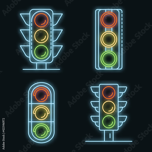 Traffic lights icons set. Outline set of traffic lights vector icons neon color on black