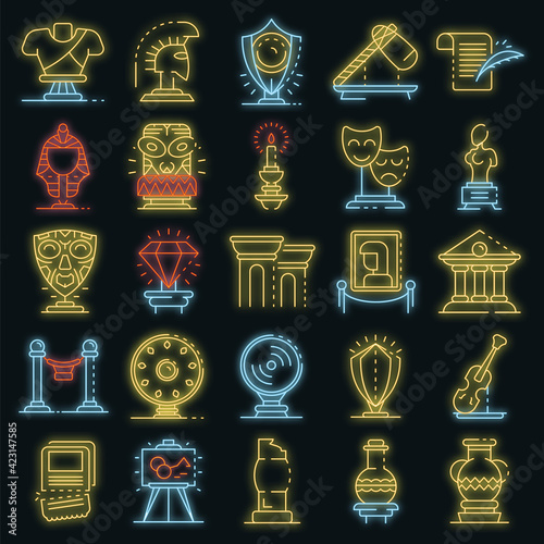Museum icons set. Outline set of museum vector icons neon color on black