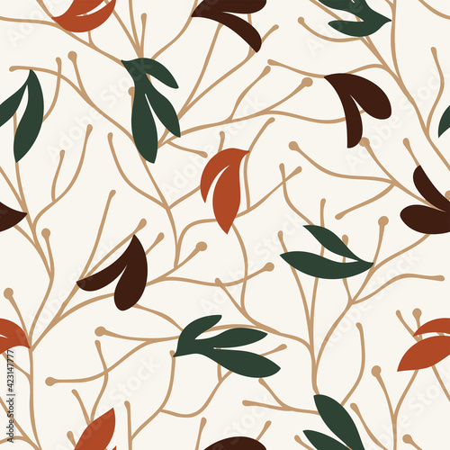 Seamless  natural abstract pattern on light  background. Tree branches and leaves. Hand drawing. Design for textiles, wallpapers, printed products. Vector illustration