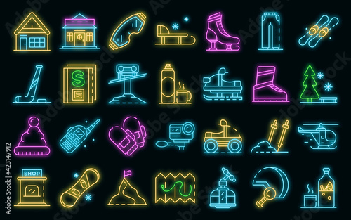 Ski resort icons set. Outline set of ski resort vector icons neon color on black