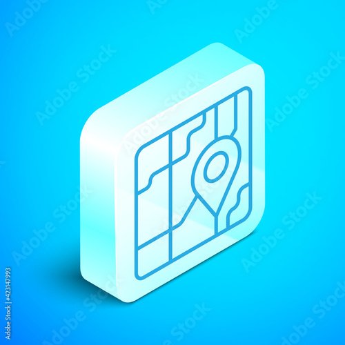 Isometric line Infographic of city map navigation icon isolated on blue background. Mobile App Interface concept design. Geolacation concept. Silver square button. Vector