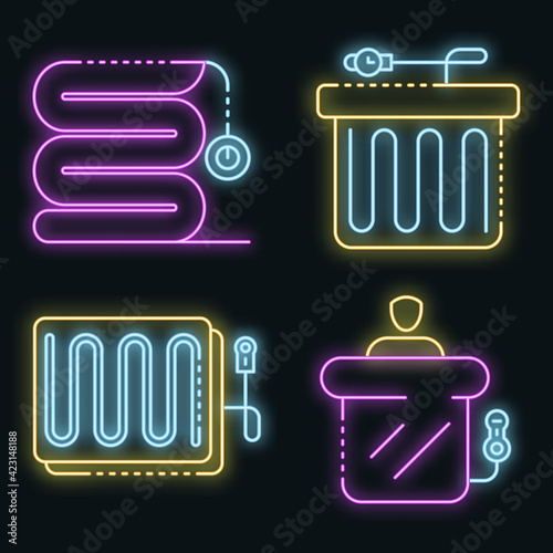 Electric blanket icons set. Outline set of electric blanket vector icons neon color on black