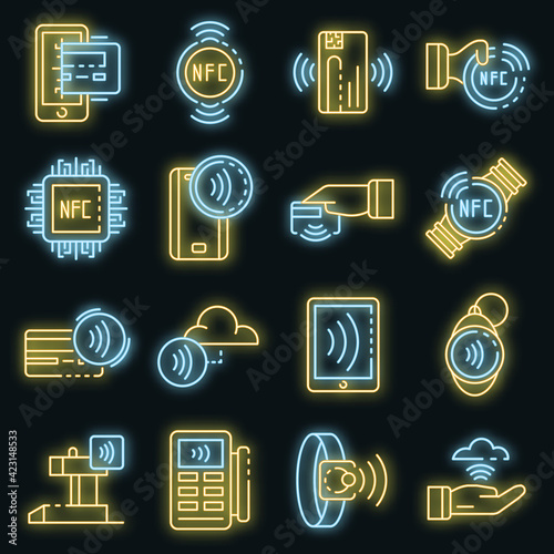 Nfc technology icons set. Outline set of nfc technology vector icons neon color on black