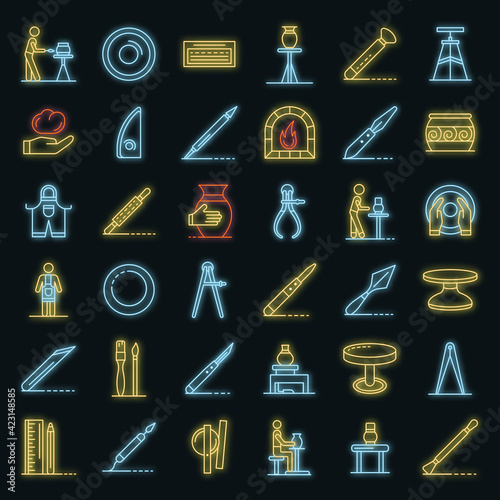 Potters wheel icons set. Outline set of potters wheel vector icons neon color on black
