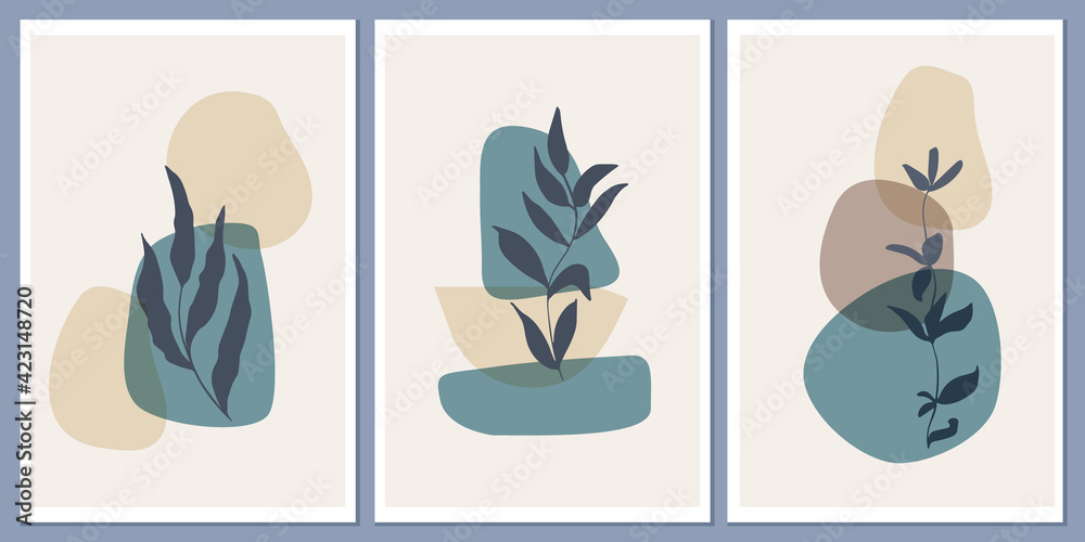 Set of templates with abstract composition of simple shapes and natural botanical elements. Collage style, minimalism. Pastel earthy colors. Vector banners for postcards and covers for social networks