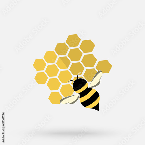 Working bee on honeycomb filled with honey. Bee making honey and propolis. Flat style banner template for honey store.
