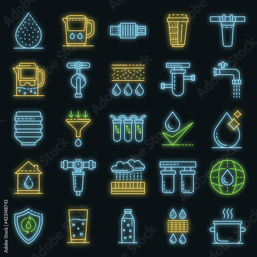 Filter water icons set. Outline set of filter water vector icons neon color on black