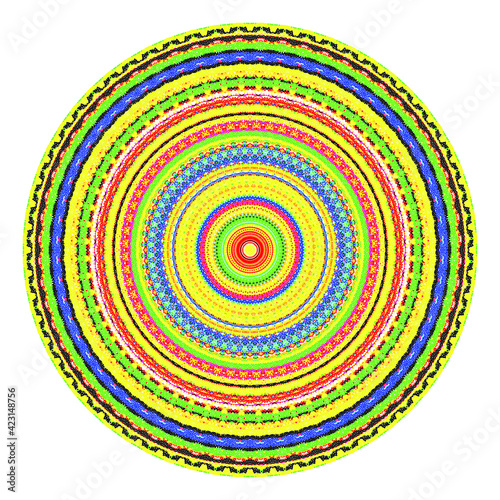 Creative multicolored points round symbol. Abstract symmetrical logo. Mosaic colorful beautiful beads. Circle dots modern pixel floral art icon. Colored pattern ornament wheel decorative illustration.