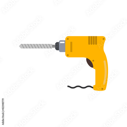 Portable electric hand drill drawing with bit. Yellow power drill icon. Vector cartoon clipart on white blank background.