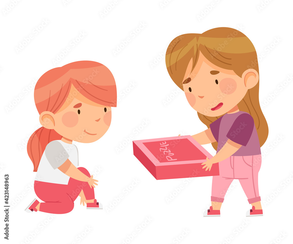 Happy Little Girls Playing Jigsaw Puzzle on the Floor Vector Illustration Happy Little Girls Playing Jigsaw Puzzle on the Floor Vector Illustration