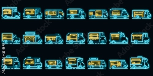 Food truck icons set. Outline set of food truck vector icons neon color on black