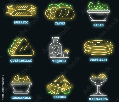 Mexican food icons set. Outline set of mexican food vector icons neon color on black