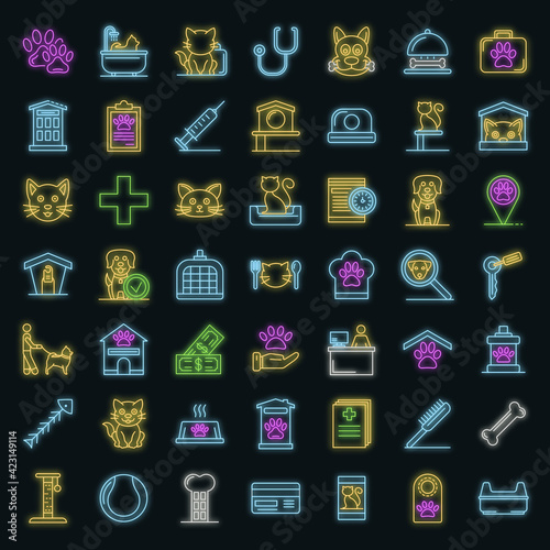 Pets hotel icons set. Outline set of pets hotel vector icons neon color on black