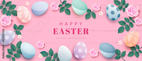 Happy Easter design with realistic eggs, flowers and leaves on pink wooden background. Festive spring 3d composition. Horizontal background for web banner, poster, cover and brochure