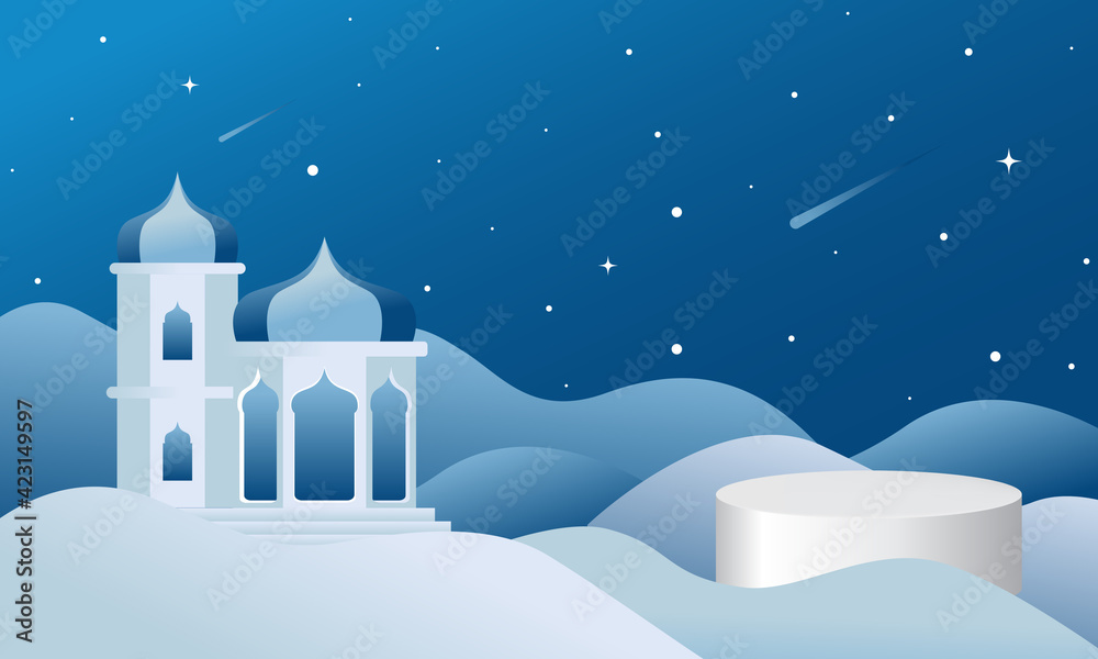 Naklejka premium Islamic blue background with empty podium for product exhibition display. Minimal vector design