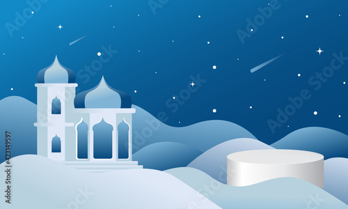 Islamic blue background with empty podium for product exhibition display. Minimal vector design