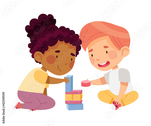 Friendly Boy and Girl Sitting on the Floor in Nursery Playing Toy Blocks Vector Illustration