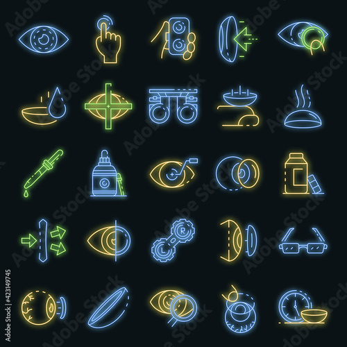 Contact lens icons set. Outline set of contact lens vector icons neon color on black
