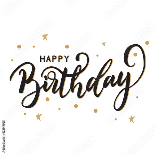 Happy Birthday.Beautiful greeting card scratched calligraphy black text word gold stars. Hand drawn invitation T-shirt print design. Handwritten modern brush lettering white background isolated vector