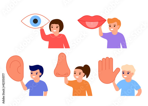 Children hold five organs senses. Kids show sensory part body eye, mouth, hear, nose, hand. Sight, taste, hearing, smell and touch. Vector illustration
