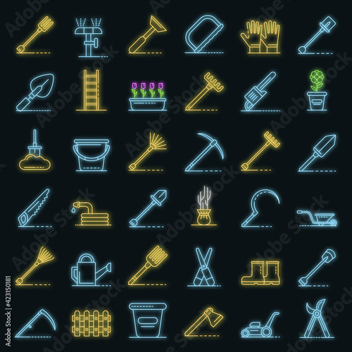Gardening tools icons set. Outline set of gardening tools vector icons neon color on black