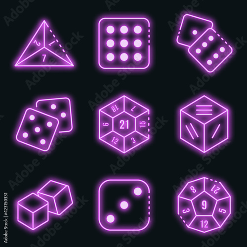 Dice icons set. Outline set of dice vector icons neon color on black