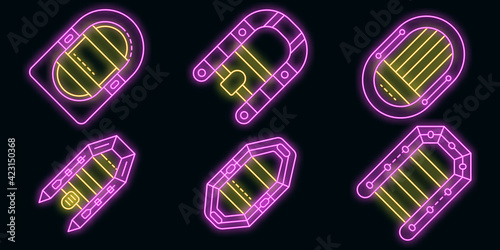 Inflatable boat icons set. Outline set of inflatable boat vector icons neon color on black