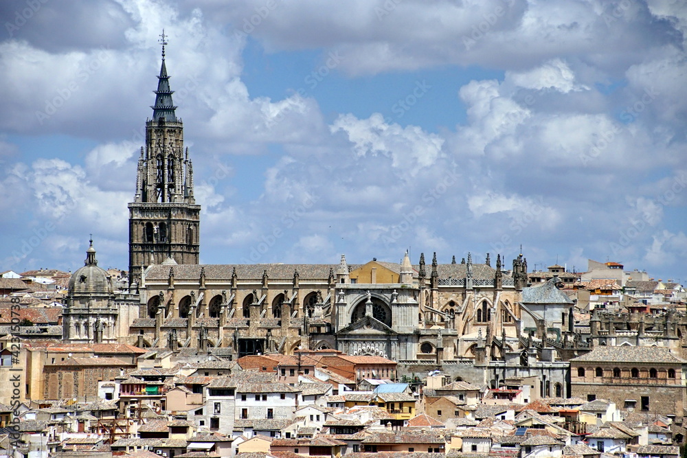 Panoramic view of the cathedral of toledo and adjacent housing community of castilla la mancha spain