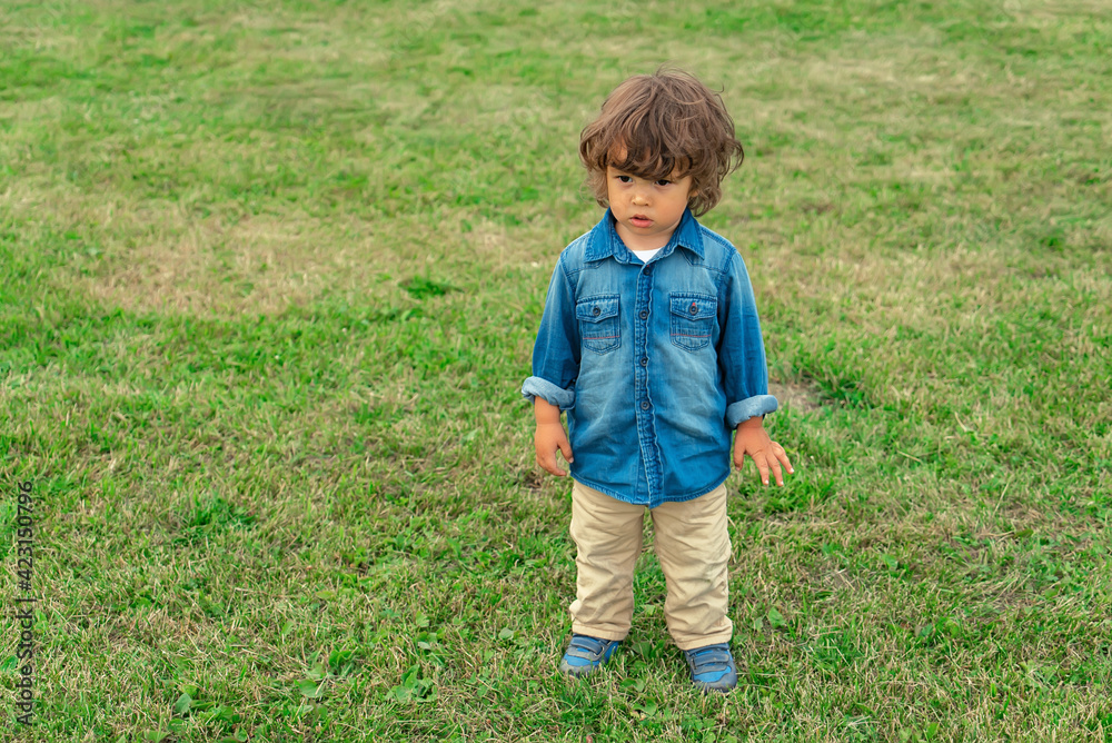 Long haired cute little boy standing on the lawn outdoors. Long haired cute little boy standing on the lawn outdoors.