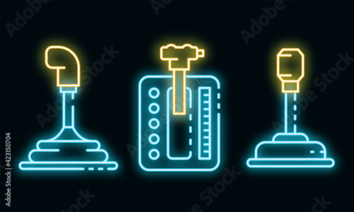 Gearbox icons set. Outline set of gearbox vector icons neon color on black