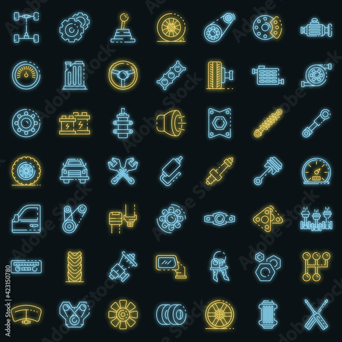 Car parts icons set. Outline set of car parts vector icons neon color on black