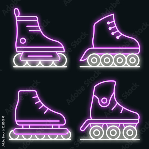 Inline skates icons set. Outline set of inline skates vector icons neon color on black