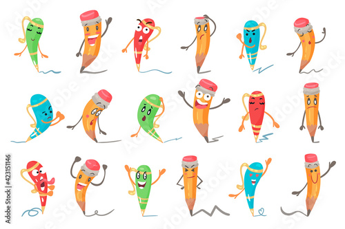 Cute Humanized Pen and Pencil Character With Arms And Face Vector Set