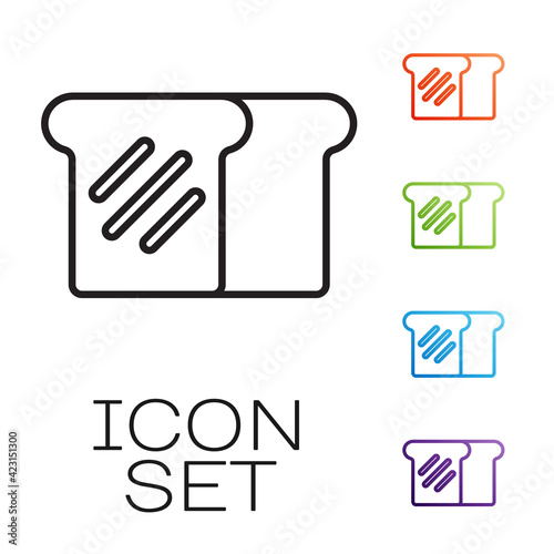 Black line Bread toast for sandwich piece of roasted crouton icon isolated on white background. Lunch, dinner, breakfast snack. Set icons colorful. Vector