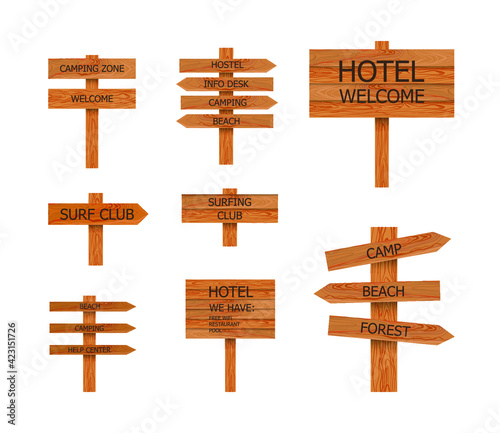 Vector Camping Wooden Signs Collection, Beach Objects Set, Pointers, illustration Isolated on White Background.
