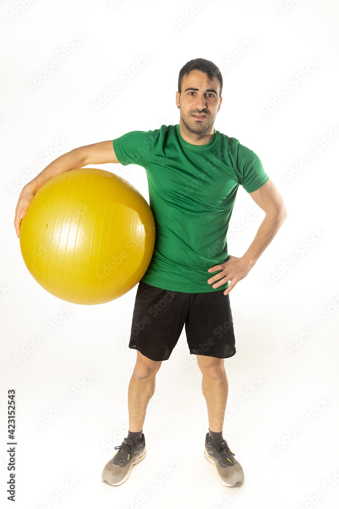 man exercising with fitball on white background man exercising with fitball on white background