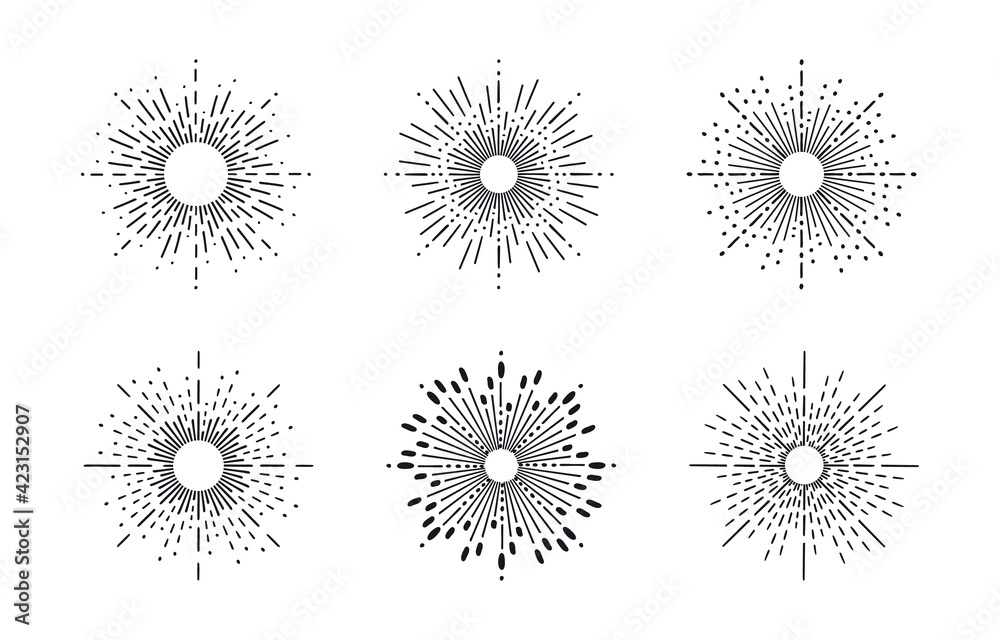 Set of Sunbursts. Vector isolated firework explosion. Set of Sunbursts. Vector isolated firework explosion.